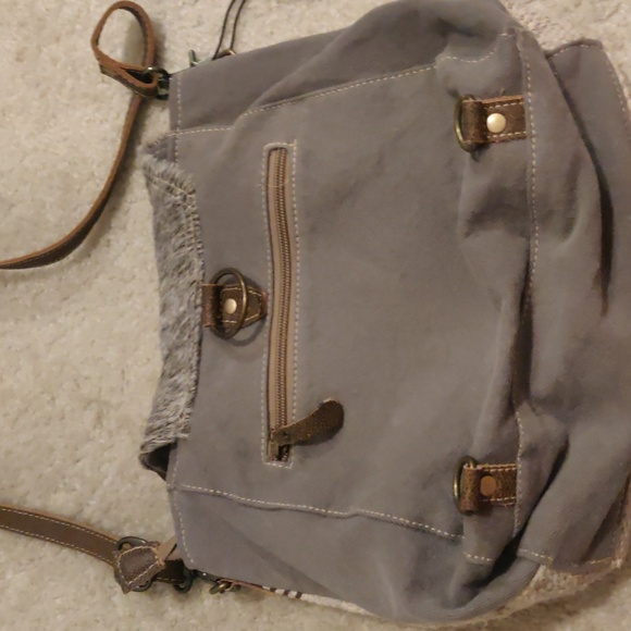 MYRA BAG - Crossbody/backpcCanvas Cowhide Med Shoulder Bag, Gray Brown and Beige - Picture 5 of 12